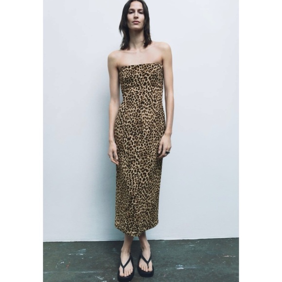 Zara leopard print strapless midi dress BLOGGERS FAVORITE!! - Picture 4 of 11
